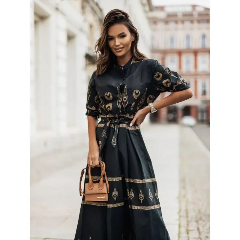 Women's Summer Short Sleeved Loose Fitting Casual Dress Fashion Printed Standing Collar Belt Dress