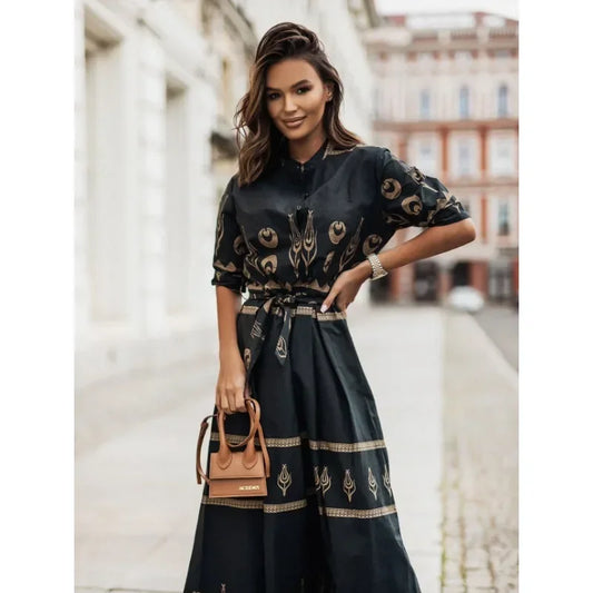 Women's Summer Short Sleeved Loose Fitting Casual Dress Fashion Printed Standing Collar Belt Dress