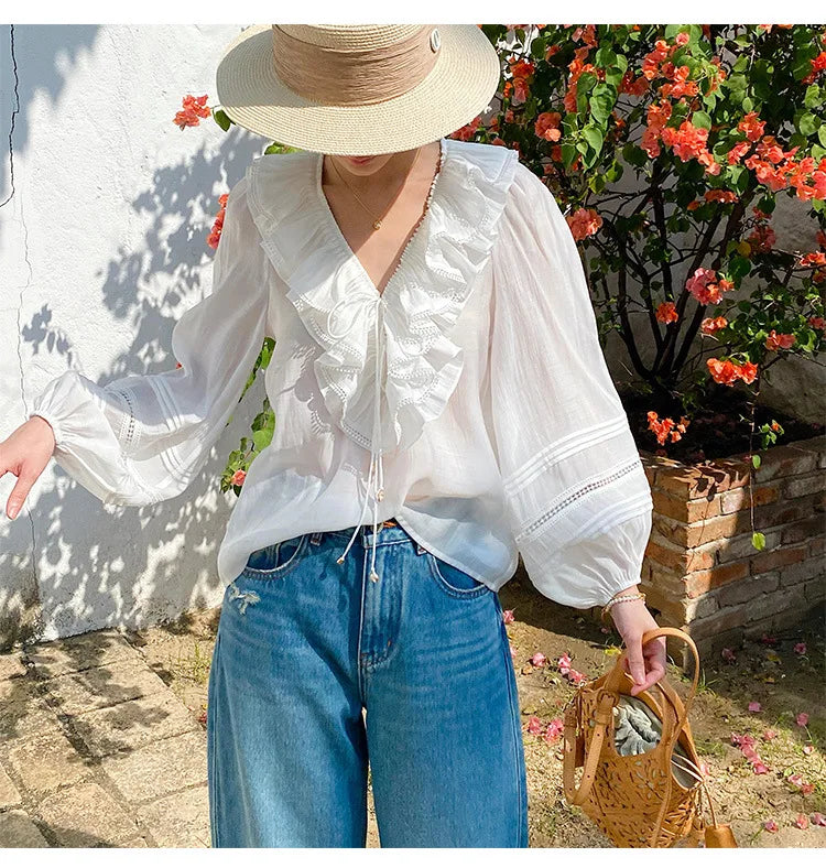 2025 Spring New Women's French White Shirt Splicing Lace Embroidery Design Ladies Shirt Long Sleeve Casual Holiday Beach Tops
