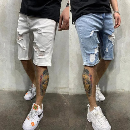 Ripped tassel denim shorts New  Summer Men's Personalized Washable Perforated Denim Pants Large Casual Middle Pants