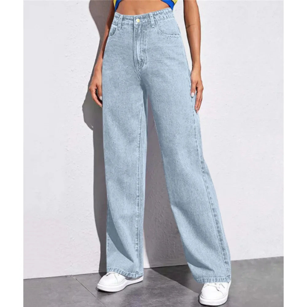 High-Waisted Washed Women's Jeans 2025 Solid Color Versatile Fashion Straight Pants Long Section for Casual Wear