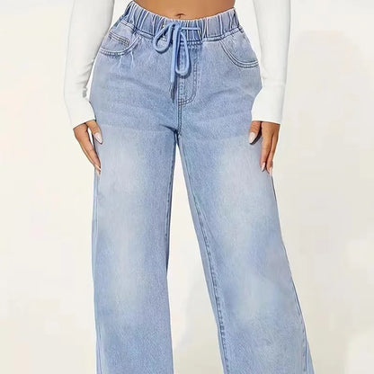 Women's high-waisted blue elastic waist pants, loose wide-leg comfortable straight-leg jeans