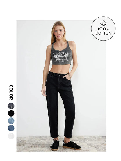 Women's 100% Cotton High Waist Turnip Jeans New Spring Autumn Pants Casual Trousers