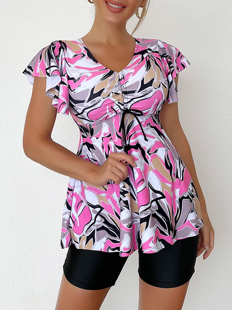 2025 Printed Tankini Set Two Piece Swimsuit Women Tie Front Drawstring Swimwear Female Bathing Swimming Suit Beachwear Summer