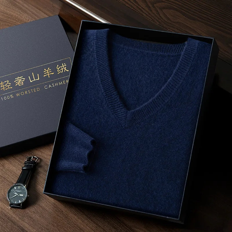 100% Cashmere Sweater 2023 Autumn Winter Classic V-neck Knitted Pullovers Men Business Casual Warm Jumper Jersey Pull Homme