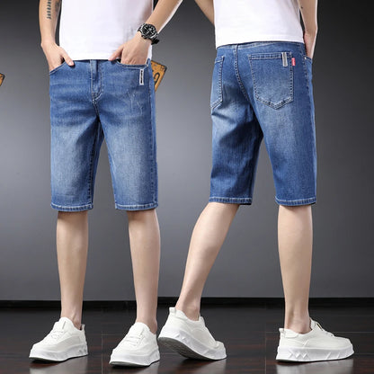Summer Thin Slim Fit Stretch Short Jeans Classic Style Business Casual Light Blue Soft Straight-leg Denim Shorts Male