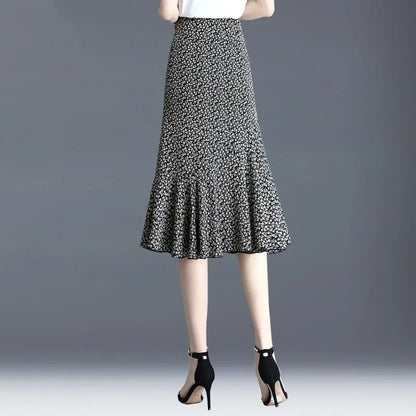 Elegant Printed Zipper Folds Chiffon Floral Skirts Women's Clothing 2024 Summer New Loose Office Lady High Waist Mermaid Skirts