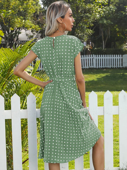 Women Short Sleeve Polka Dot Print Midi Dresses