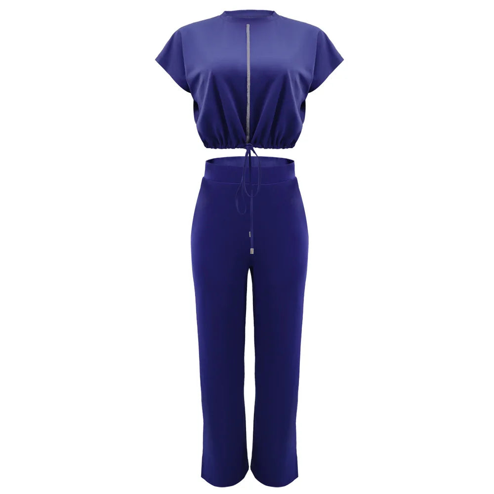Women Short Sleeve Top & High Waist Pants Set