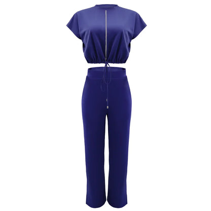 Women Short Sleeve Top & High Waist Pants Set