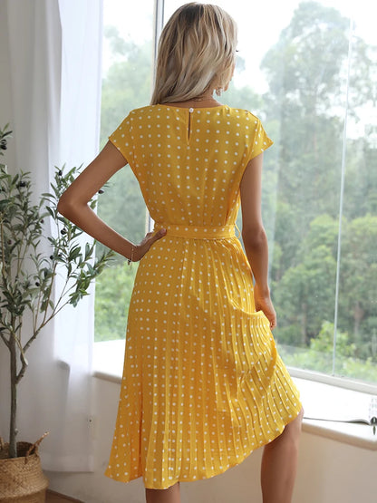 Women Short Sleeve Polka Dot Print Midi Dresses