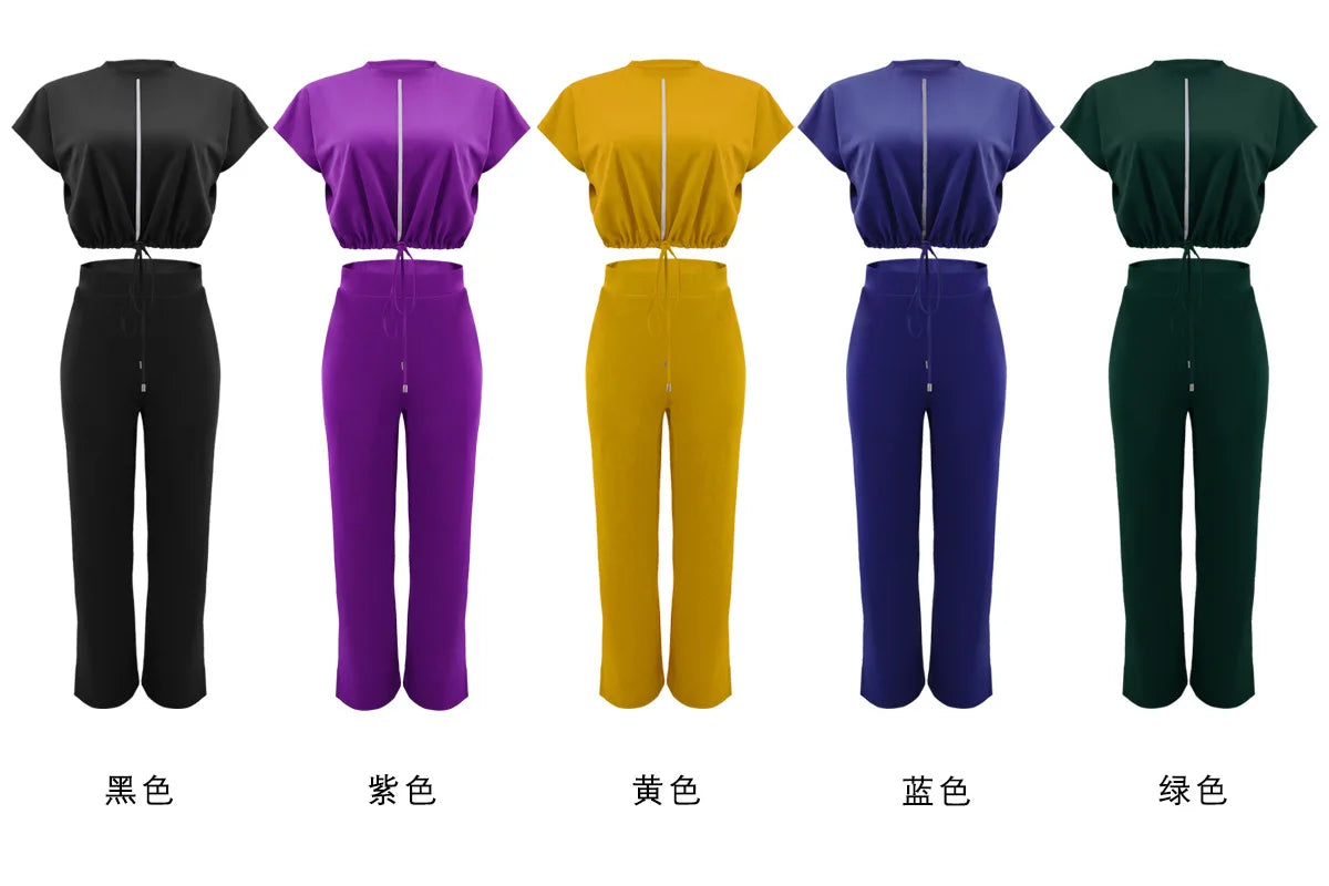 Women Short Sleeve Top & High Waist Pants Set