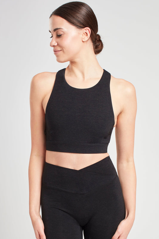 High Neck Sports Bra - Marl Black