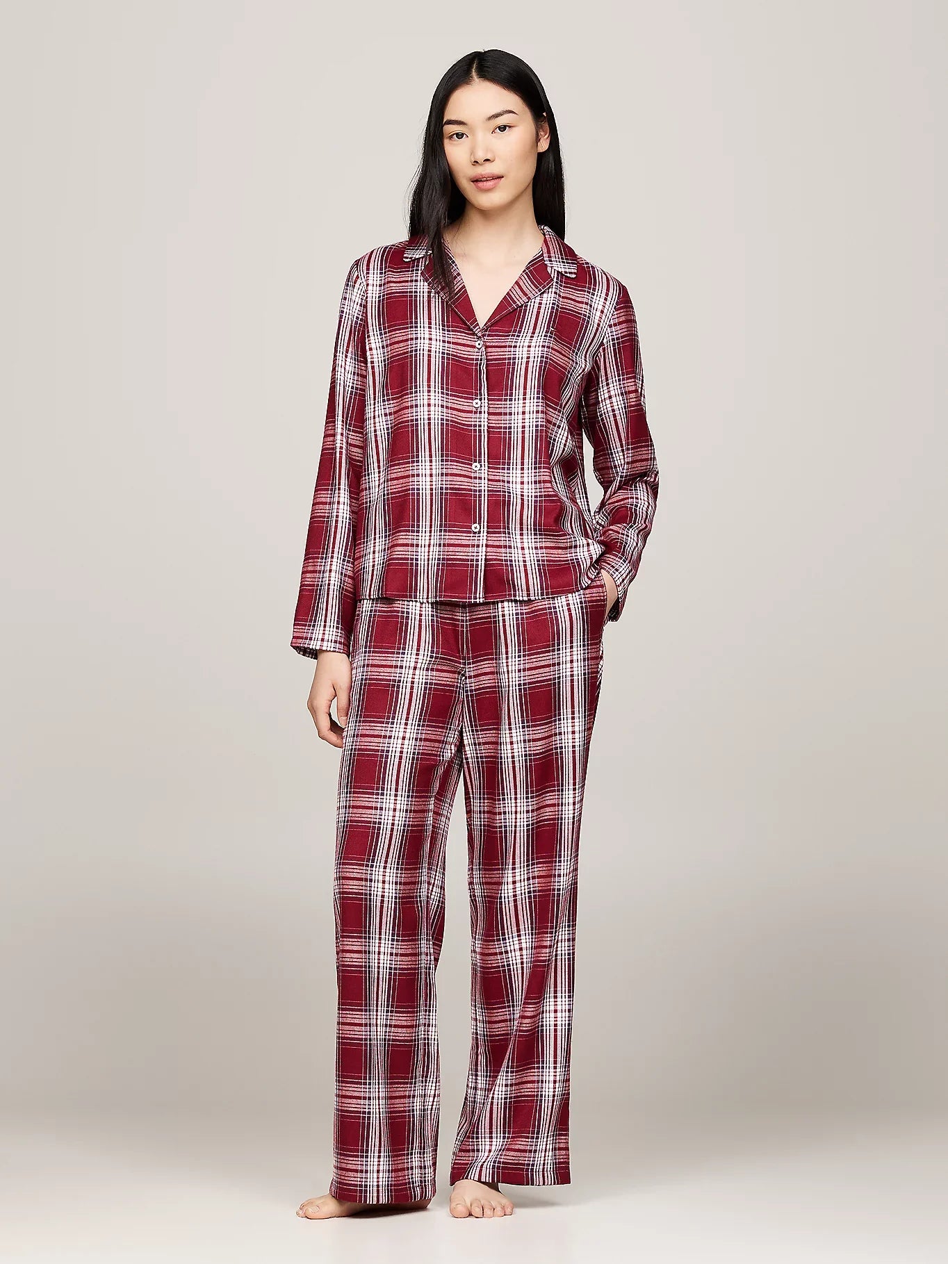 Tommy Hilfiger ORIGINAL Womens Pyjama Set Plaid Check Deep Rouge
