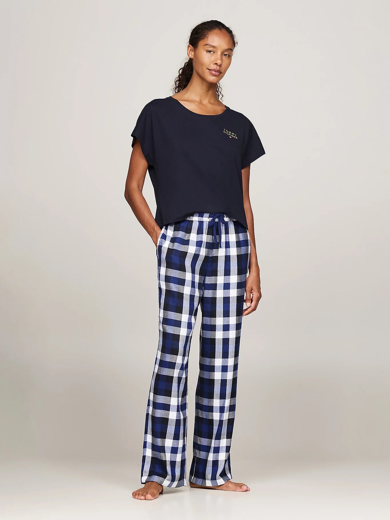 Tommy Hilfiger ORIGINAL Womens Flannel Pants Heritage Check Midi Blue Ink