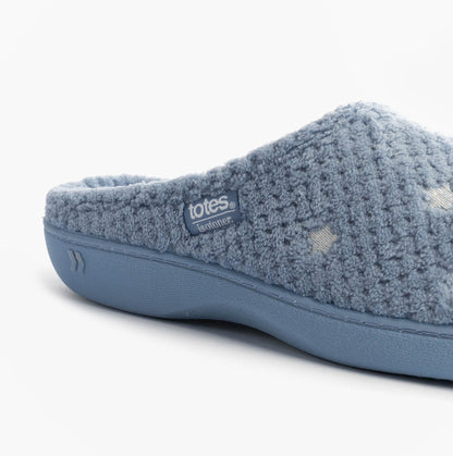 Totes Isotoner POPCORN TERRY Womens Mule Slippers Iris Blue Star
