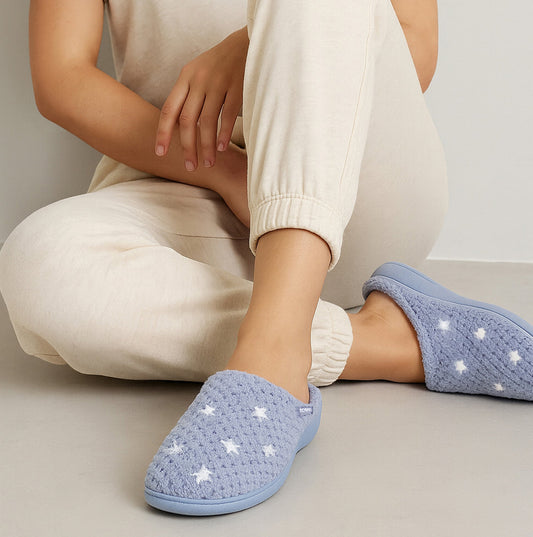 Totes Isotoner POPCORN TERRY Womens Mule Slippers Iris Blue Star