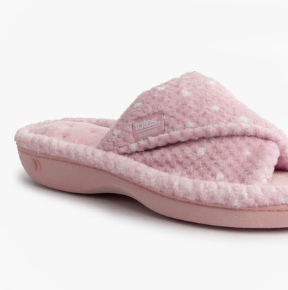 Totes Isotoner POPCORN TURNOVER OPEN TOE Womens Mule Slippers Pink Spot