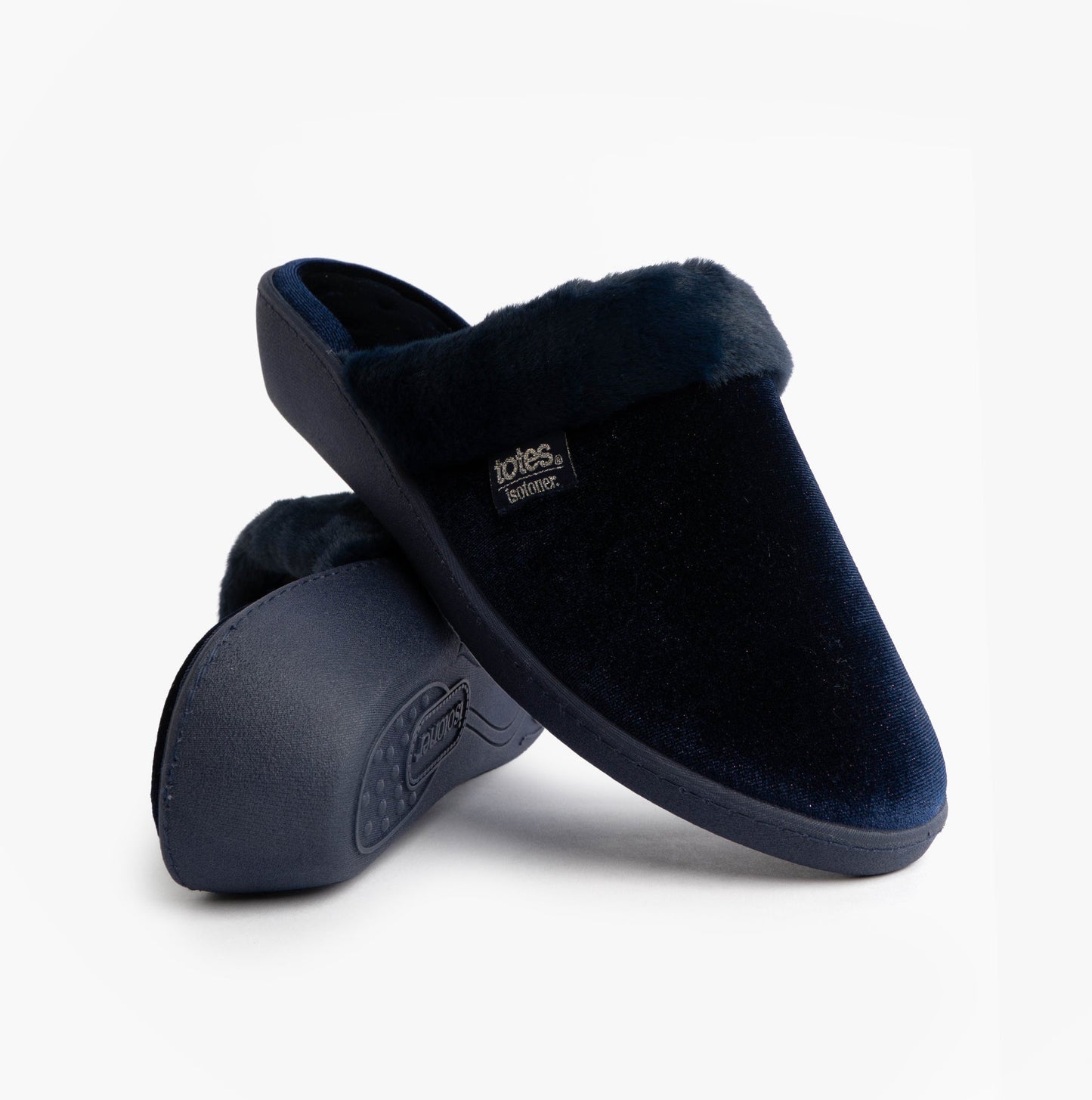 Totes Isotoner SPARKLE VELOUR HEELED MULE Womens Mule Slippers Navy