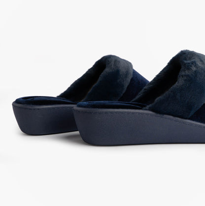 Totes Isotoner SPARKLE VELOUR HEELED MULE Womens Mule Slippers Navy