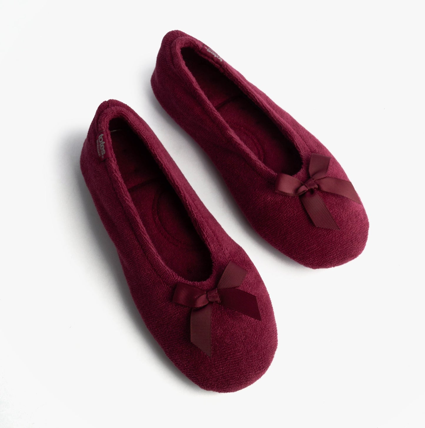 Totes Isotoner STRETCH TERRY BOW Womens Ballerina Slippers Burgundy
