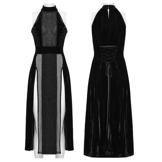 Punk Rave Selene Velvet Mesh High Slit Goth Dress In Black