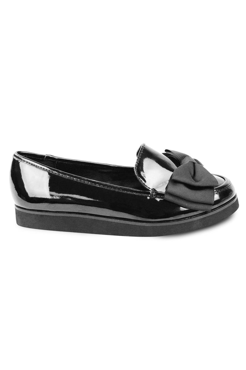 Alpha Girl's School Flat Bow Loafers In Black Patent