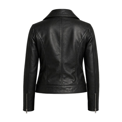The Stitch Fit Women's Black Biker Leather Jacket – Slim Fit Moto Style with Asymmetrical Zip & Belted Waist