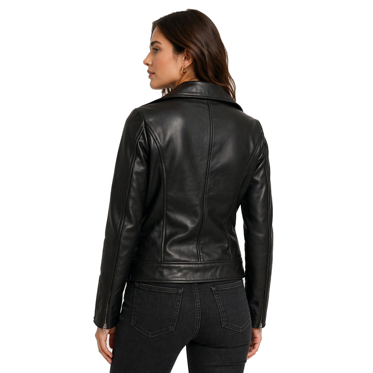 The Stitch Fit Women's Black Biker Leather Jacket – Slim Fit Moto Style with Asymmetrical Zip & Belted Waist
