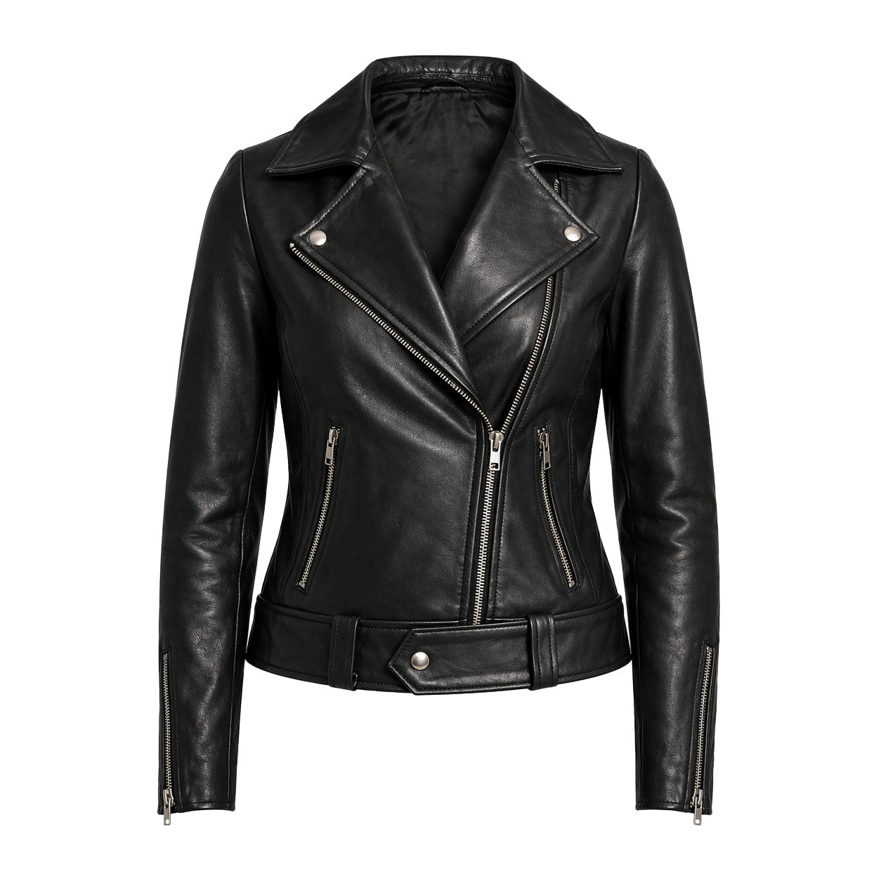 The Stitch Fit Women's Black Biker Leather Jacket – Slim Fit Moto Style with Asymmetrical Zip & Belted Waist