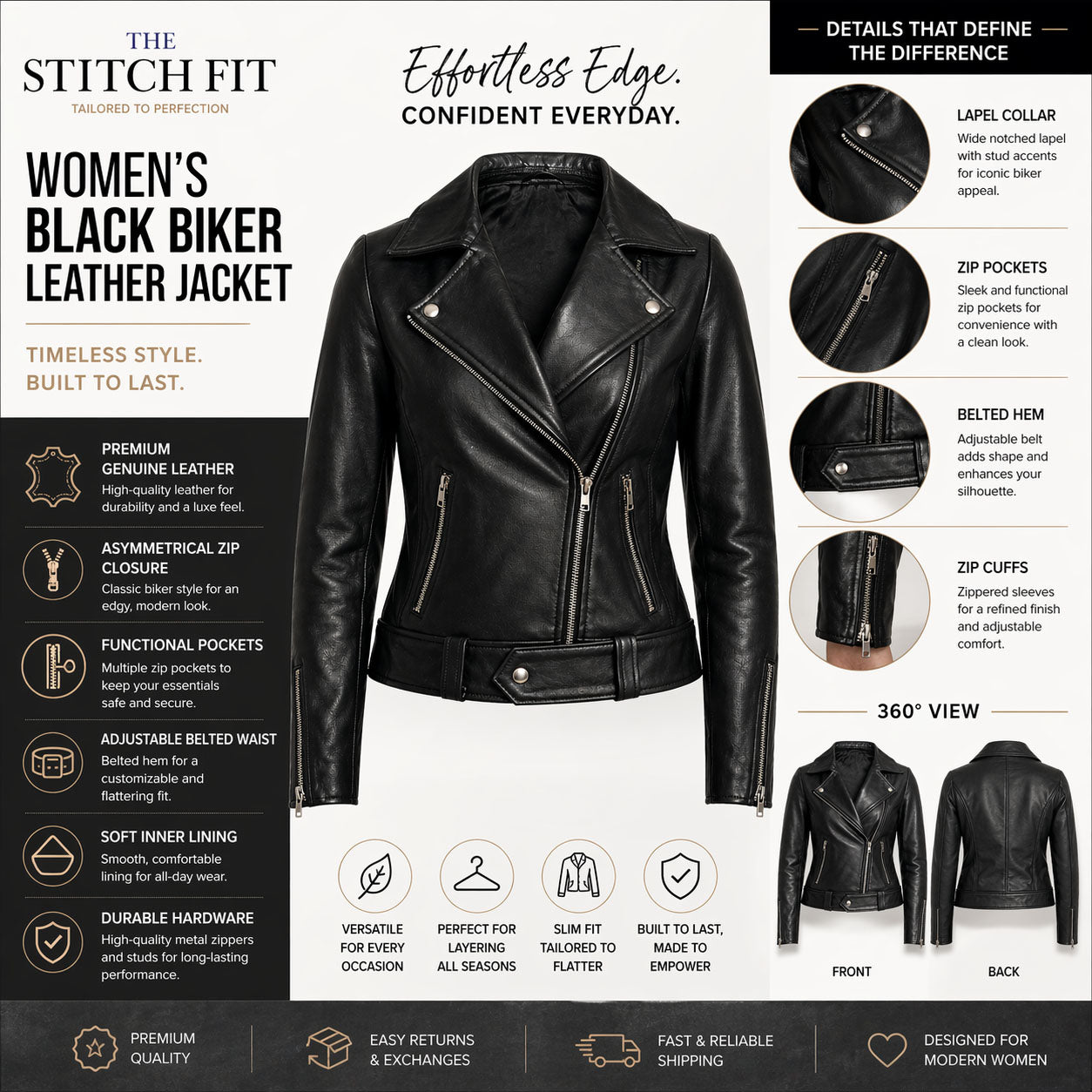 The Stitch Fit Women's Black Biker Leather Jacket – Slim Fit Moto Style with Asymmetrical Zip & Belted Waist