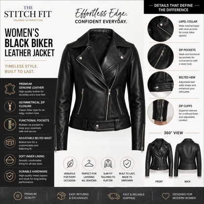 The Stitch Fit Women's Black Biker Leather Jacket – Slim Fit Moto Style with Asymmetrical Zip & Belted Waist