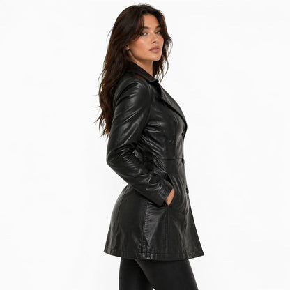 Women's 3/4 Length Genuine Leather Coat | Black