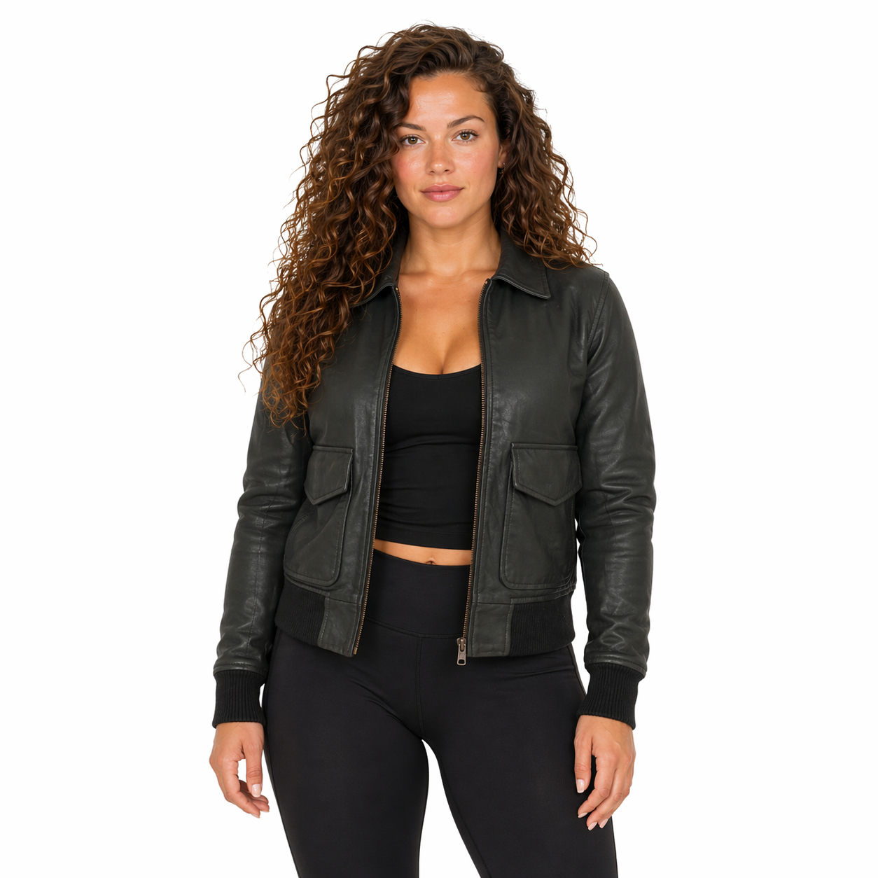 Women's Pure Bomber Leather Jacket | Green