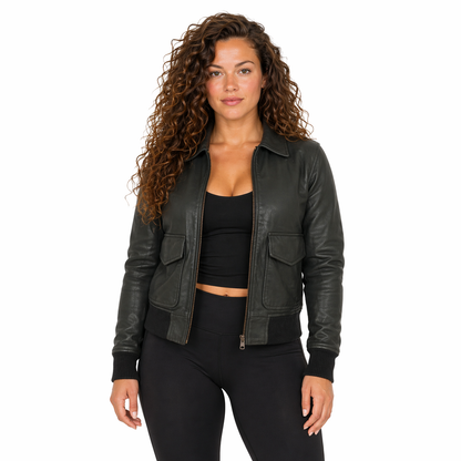 Women's Pure Bomber Leather Jacket | Green