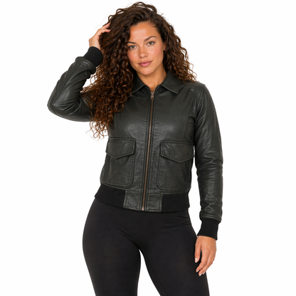 Women's Pure Bomber Leather Jacket | Green