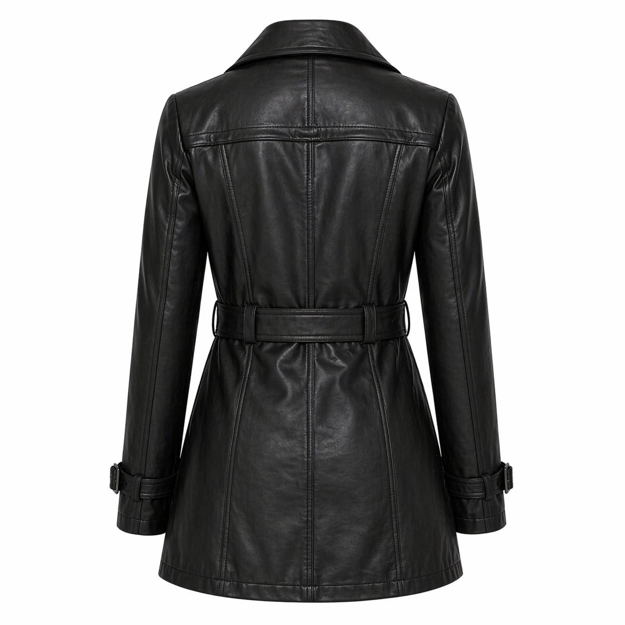 Women's Leather Belted Trench Car Coat | Black