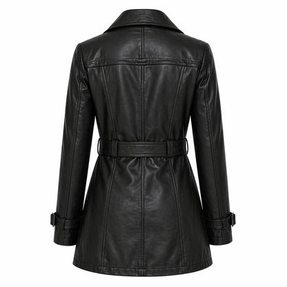 Women's Leather Belted Trench Car Coat | Black