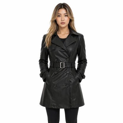 Women's Leather Belted Trench Car Coat | Black