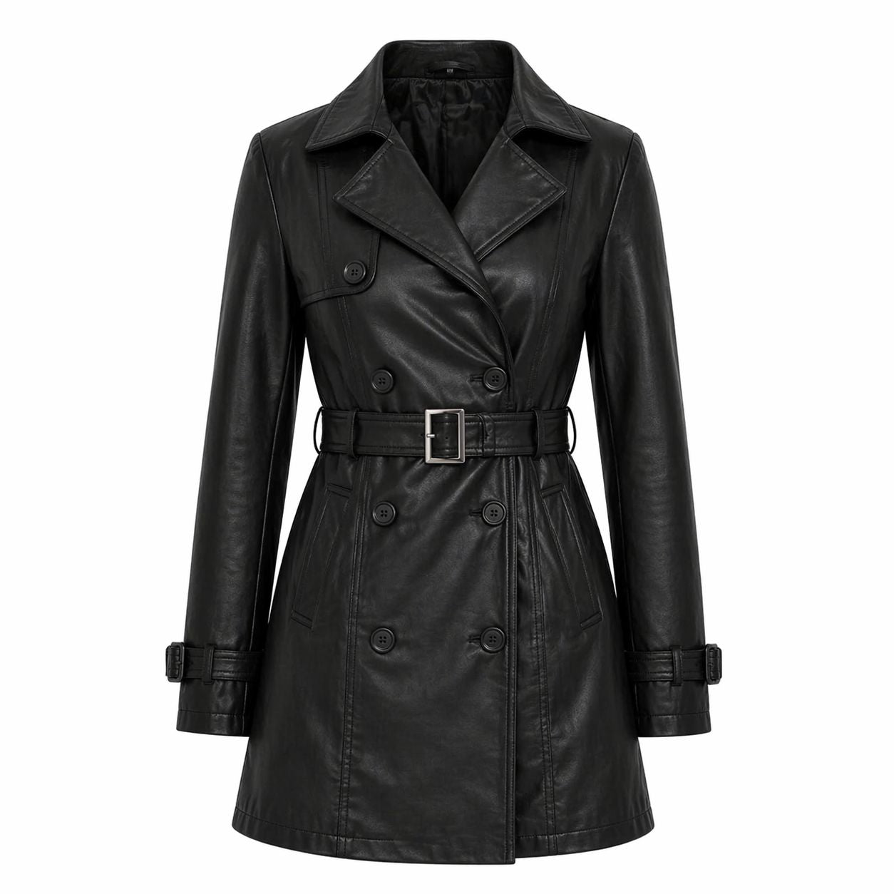 Women's Leather Belted Trench Car Coat | Black