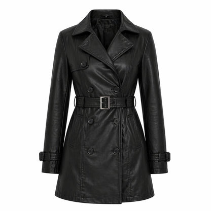 Women's Leather Belted Trench Car Coat | Black