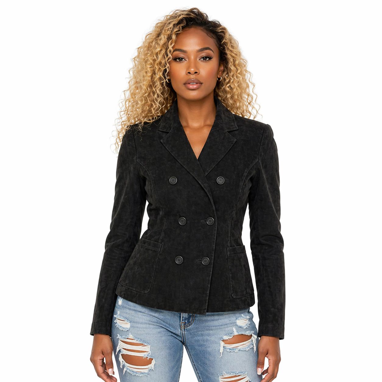 Women's Suede Leather Formal Business Double Breasted Jacket, Notched Lapel Collar | Black