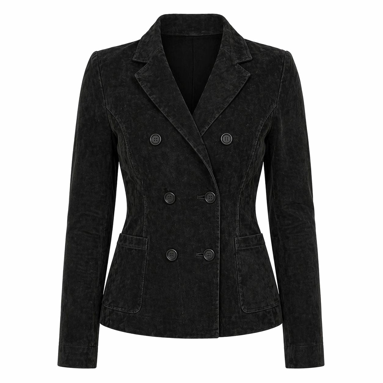 Women's Suede Leather Formal Business Double Breasted Jacket, Notched Lapel Collar | Black