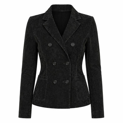 Women's Suede Leather Formal Business Double Breasted Jacket, Notched Lapel Collar | Black