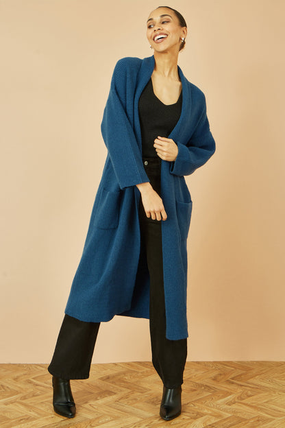 Yumi Teal Knitted Maxi Cardigan With Pockets
