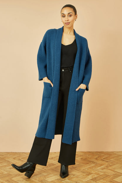 Yumi Teal Knitted Maxi Cardigan With Pockets