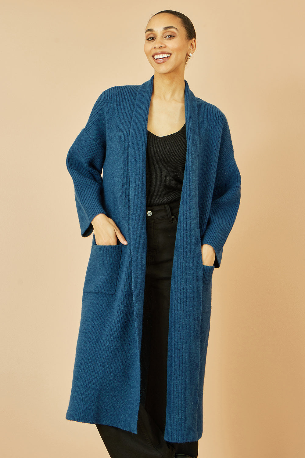 Yumi Teal Knitted Maxi Cardigan With Pockets