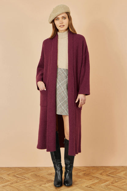 Yumi Burgundy Knitted Maxi Cardigan With Pockets
