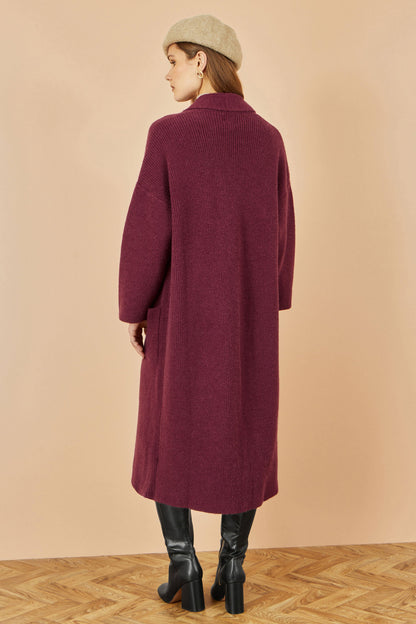 Yumi Burgundy Knitted Maxi Cardigan With Pockets