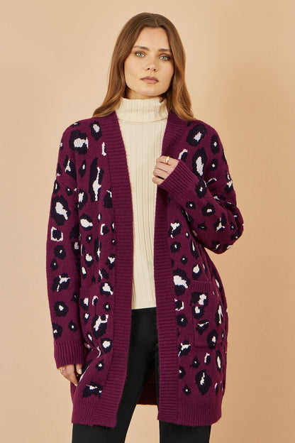 Yumi Burgundy Animal Intarsia Long Cardigan